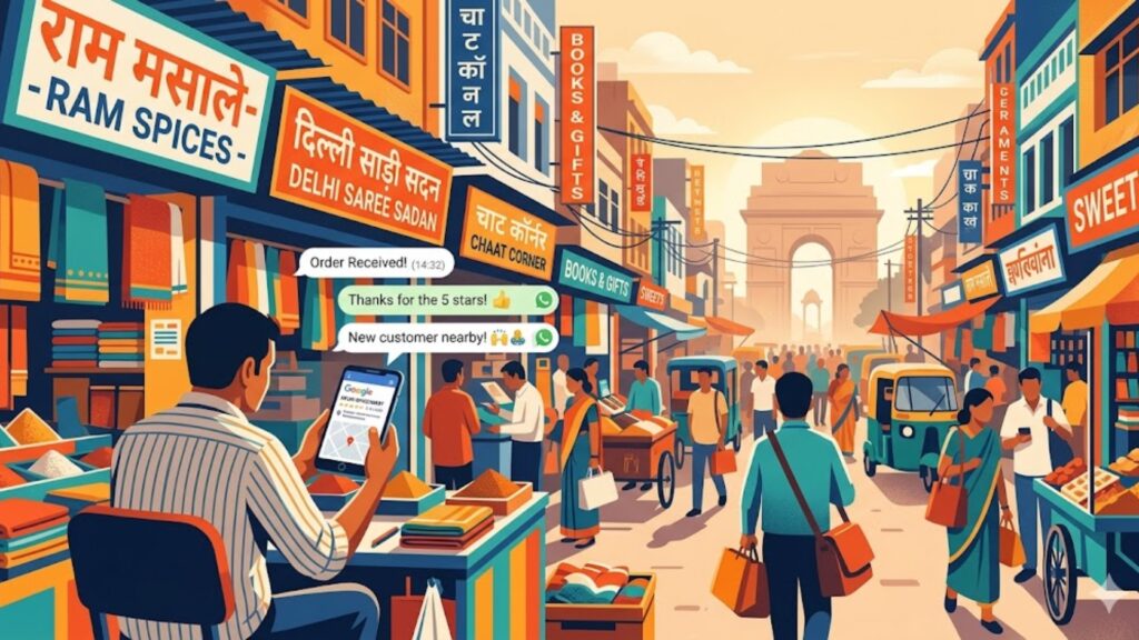 A Delhi business owner receiving online leads on his phone while standing outside his shop.