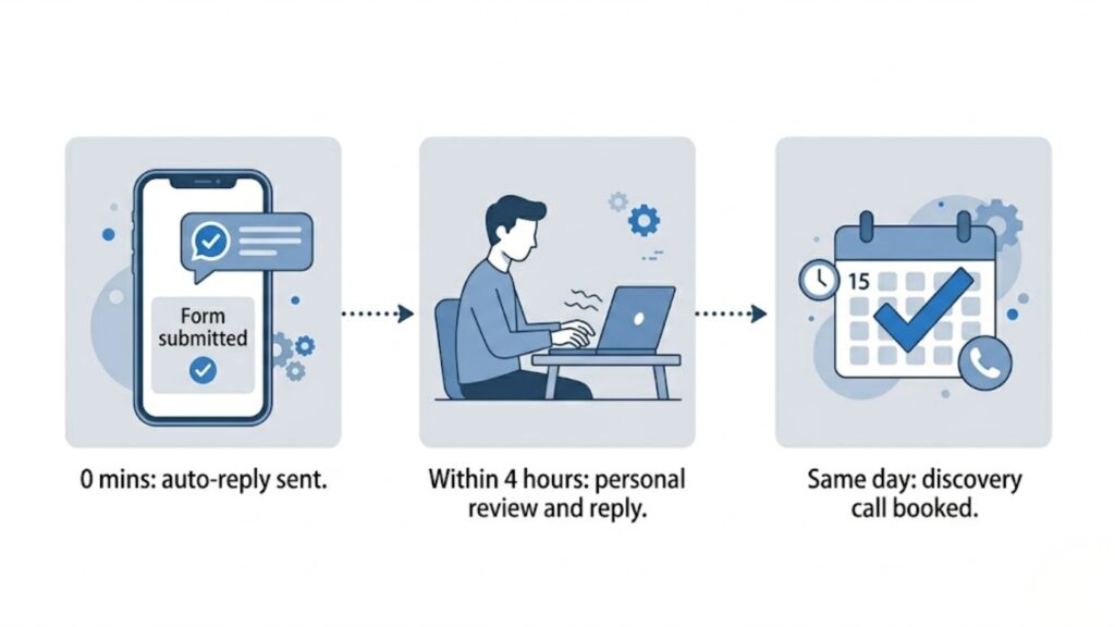 A lead follow-up timeline showing automated reply, personal response, and discovery call booking within the same day.