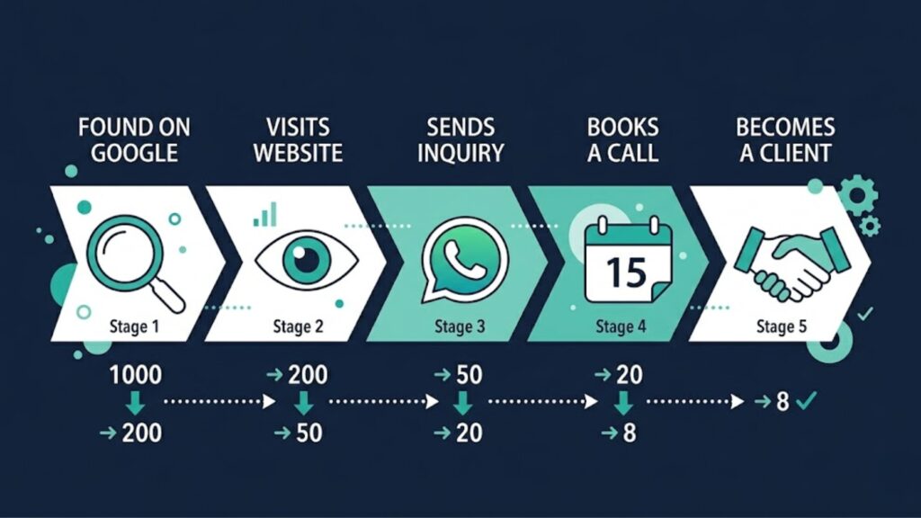 A five-stage lead generation funnel for Delhi businesses showing the journey from Google search to paying client.