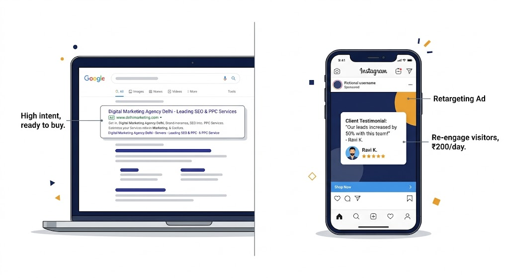 Google Ads targets high-intent searches while Meta retargeting ads re-engage website visitors who didn't convert.